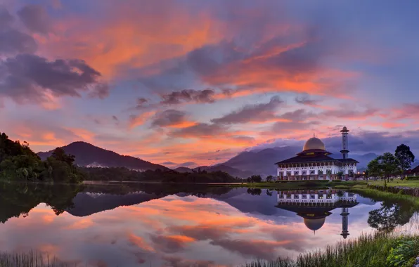 Картинка горы, озеро, мечеть, сумерки, Малайзия