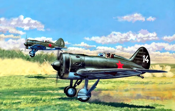 Картинка рисунок, И-16, истребитель-моноплан, поршневой, CCCР, Soviet Air Force, Лётчик, звездообразный двигатель