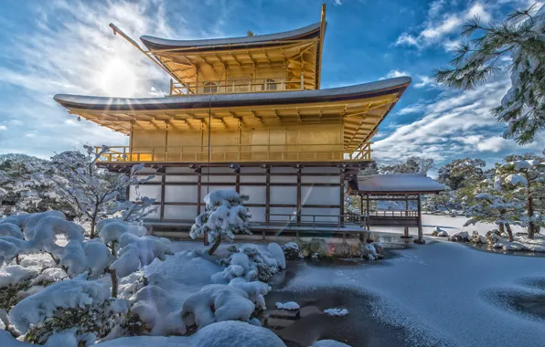 Картинка зима, небо, снег, деревья, природа, дом, Япония, Japan