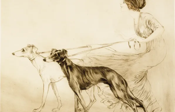 Картинка 1913, офорт, сухая игла, Охота с гончими, Louis Icart, арт-деко