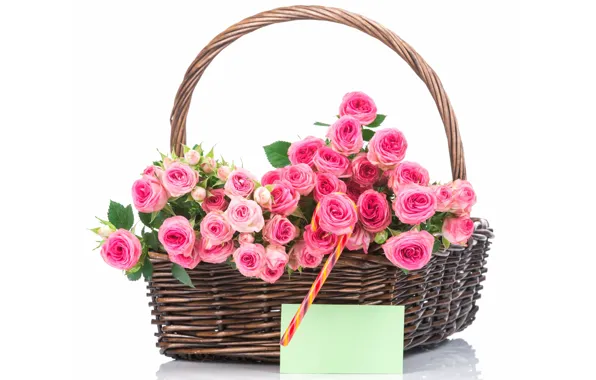 Корзина, розы, букет, pink, flowers, roses, basket