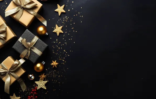 Картинка украшения, фон, шары, Новый Год, Рождество, подарки, golden, new year