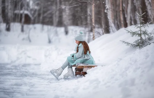Картинка зима, снег, деревья, природа, девочка, каток, ребёнок, коньки