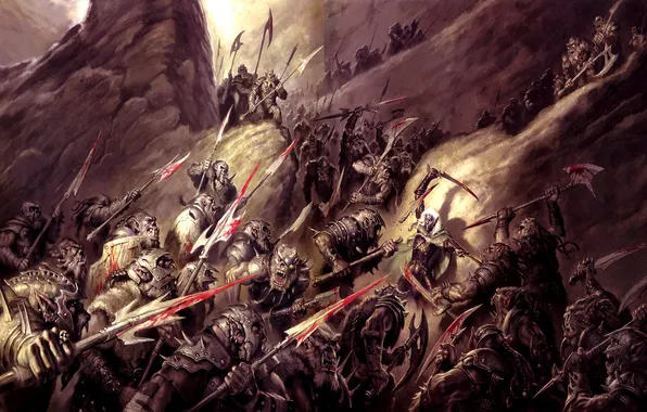 Картинка armor, rocks, army, battle, swords, Dark Elf, enemy, Orcs
