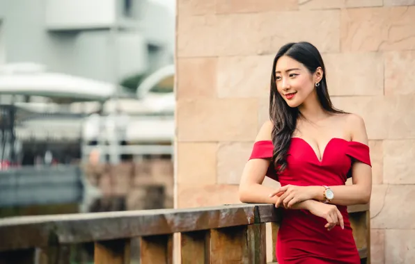 Девушка, улыбка, платье, брюнетка, азиатка