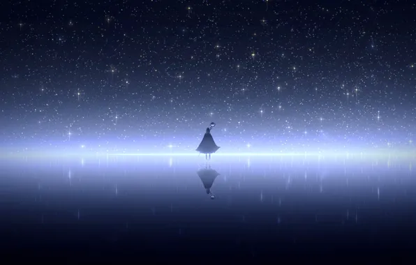 Небо, вода, девушка, ночь, посох, плащ, фэнетзи, парит