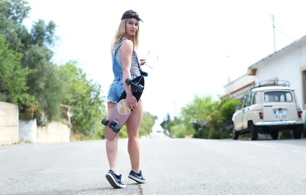 Girl, shorts, beautiful, jeans, blonde, skateboard, sneakers