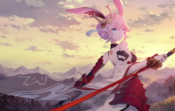 Девушка, горы, меч, ушки, Honkai Impact 3rd, Yae Sakura