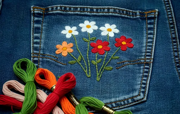 Цветы, джинсы, красные, нитки, разноцветные, синие, карман, вышивка