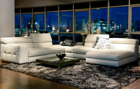 Картинка белый, ночь, дизайн, стиль, комната, диван, ковер, мебель