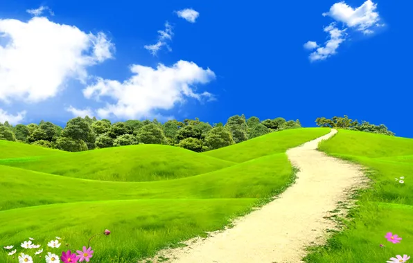 Картинка поле, лето, небо, трава, солнце, облака, деревья, цветы