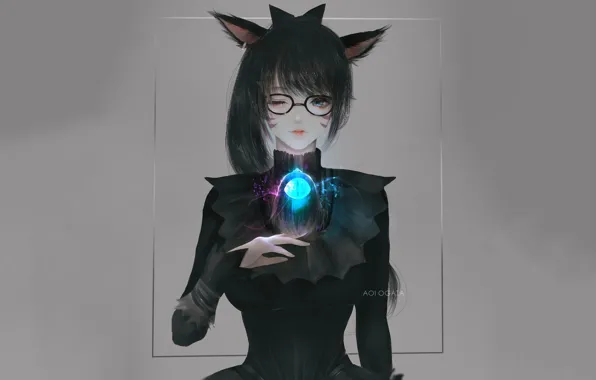 Кошка, девушка, глаз, серый фон