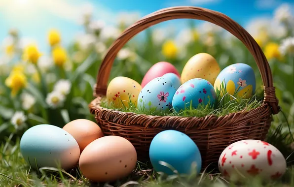 Картинка цветы, яйца, весна, colorful, Пасха, happy, flowers, spring