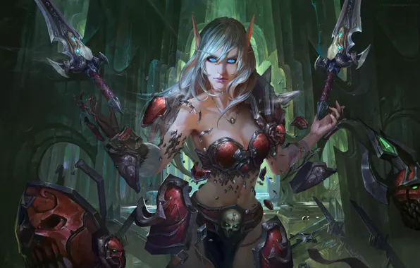 Девушка, World of Warcraft, эльфийка, фан-арт, Blood Elf, Chen Bo