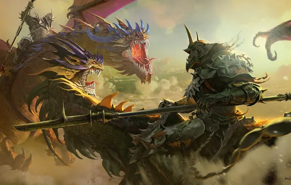Картинка драконы, пасть, битва, сражение, рыцари, пики, поединок, шлем. рога