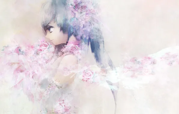 Девушка, цветы, крылья, арт, Hatsune Miku, Vocaloid, Вокалоид