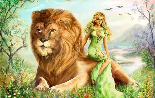 Картинка девушка, природа, лев