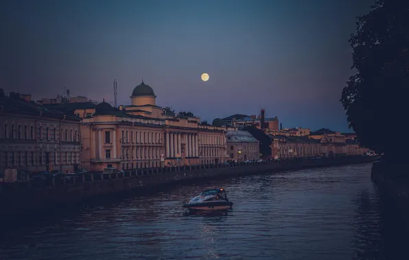 Река, луна, вечер, Russia, набережная, питер, санкт-петербург, спб