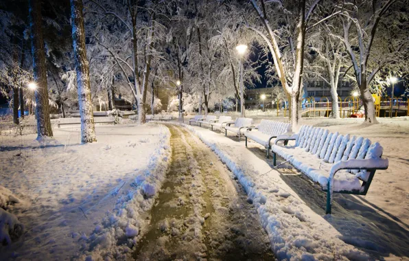 Зима, парк, скамья, Болгария, Kazanlak
