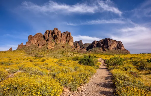 Картинка небо, горы, скалы, США, Arizona, Superstition Mountains