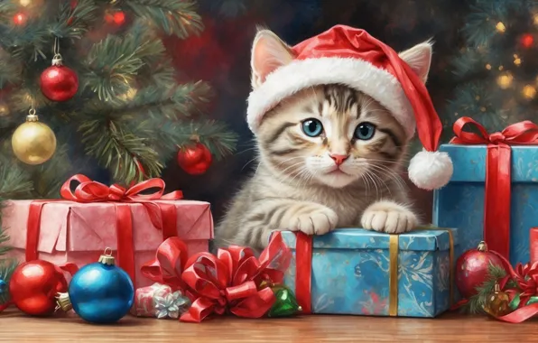 Кошка, взгляд, шарики, ветки, поза, котенок, рисунок, котик