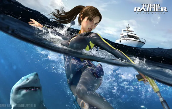 Вода, девушка, акула, Tomb Raider, Лара Крофт, Lara Croft, Tomb Raider: Underworld
