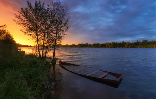 Лето, небо, вода, деревья, закат, река, вечер, Олонцев Андрей