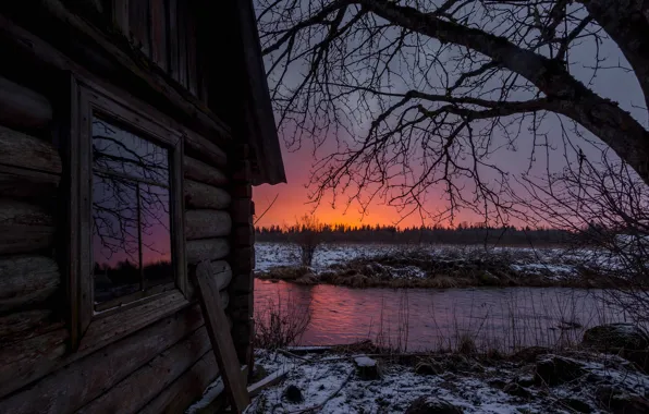 Картинка зима, вода, деревья, пейзаж, закат, природа, дом, Павел Ващенков