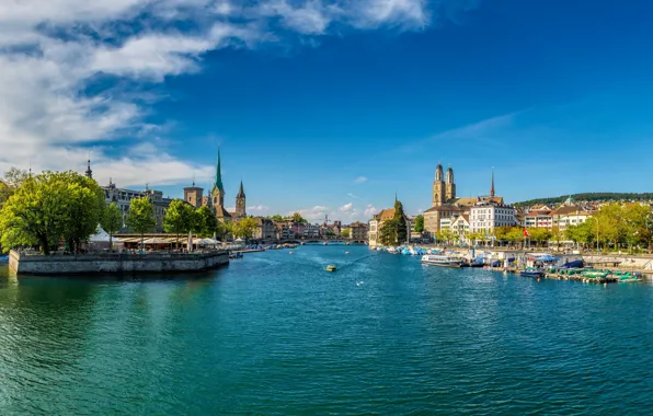 Картинка река, здания, Швейцария, панорама, причалы, Цюрих, речные суда