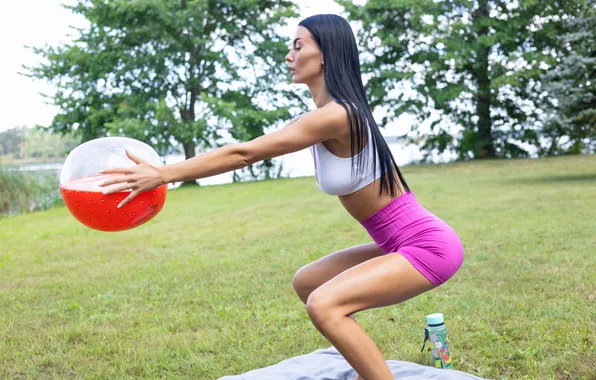 Long hair, trees, model, ball, gorgeous, photoshoot, posing, busty