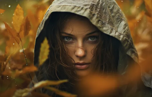 Осень, взгляд, листья, девушка, капли, ветки, природа, лицо