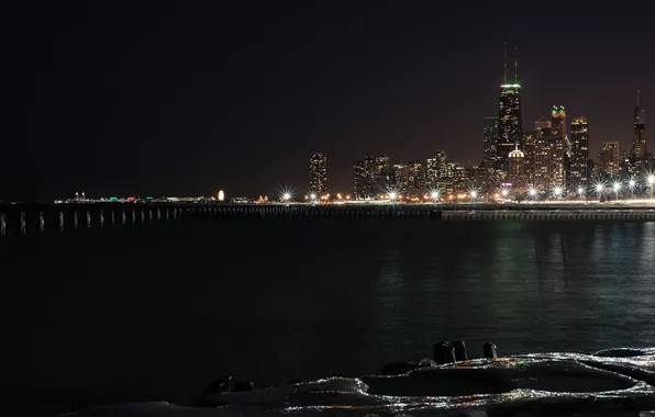 Картинка ночь, огни, небоскребы, Чикаго, USA, Chicago, мегаполис, illinois