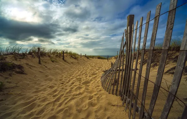 Песок, море, пляж, пейзаж, забор