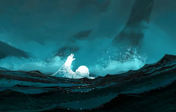 Море, Крушение, Астронавт, Crash, Космонавт, Арт, Illustration, Cosmonaut