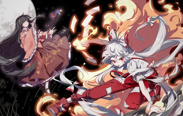 Космос, девушки, луна, аниме, арт, Touhou, Тохо, Тоухоу