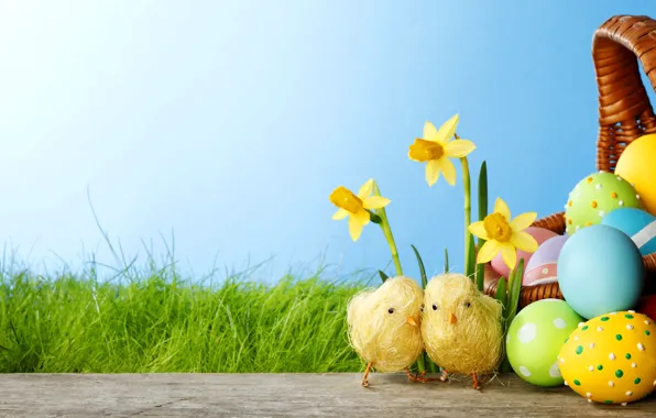Картинка трава, цветы, цыплята, яйца, весна, colorful, пасха, grass