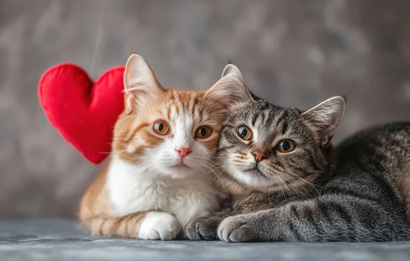 Кошка, кот, взгляд, любовь, котенок, серый, вместе, сердце