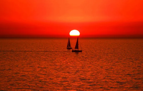 Картинка море, небо, солнце, закат, лодка, яхта, парус