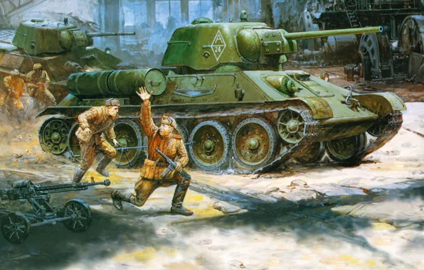 Картинка рисунок, ссср, солдаты, вторая мировая война, РККА, средний танк, ДШК, Т-34/76