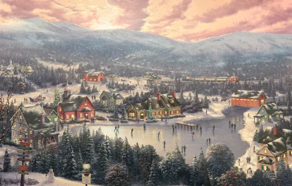 Картинка зима, лес, закат, горы, мост, город, озеро, праздник