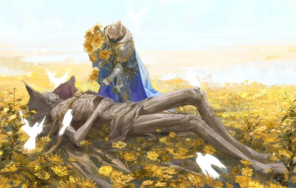 Подсолнухи, птицы, тело, фэнтези, мужчины, Elden Ring, The Tarnished, Morgott the Omen King