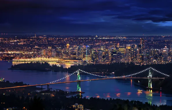 Ночь, мост, город, река, дома, Downtown Vancouver