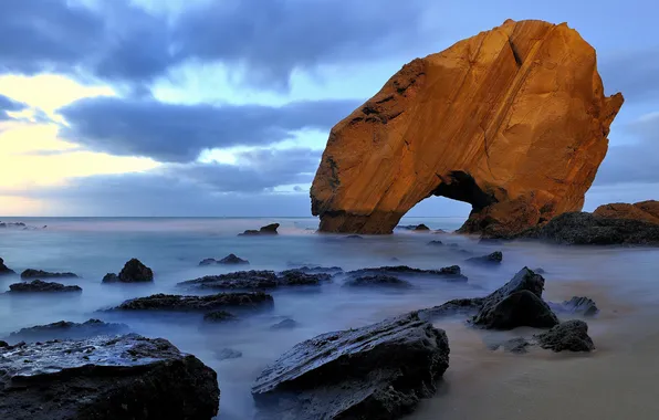 Пляж, природа, скала, камни, океан, Португалия, Portugal, Santa Cruz