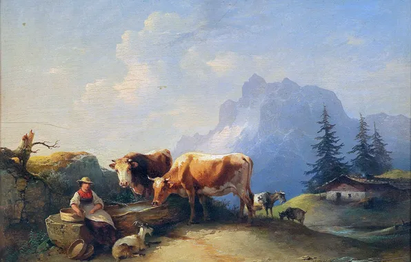 Картинка Горы, Деревья, Дом, Картина, Коровы, Козы, Австрийский художник, Friedrich August Matthias Gauermann