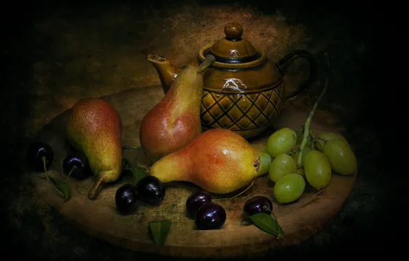 Картинка стиль, чайник, виноград, груши, черешня