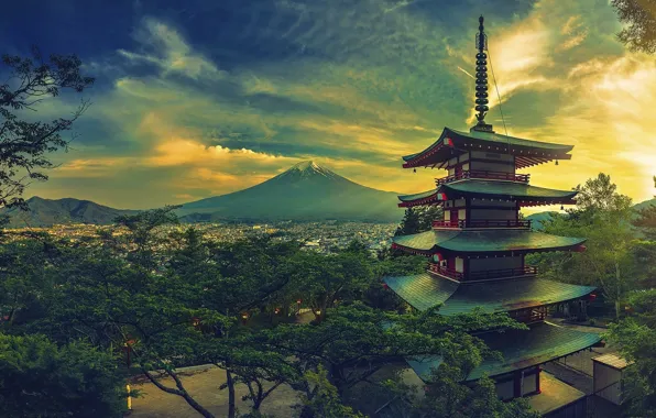 Картинка пейзаж, замок, гора, Япония