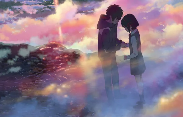 Сияние, встреча, куртка, розовые облака, Kimi no Na wa, Miyamizu Mitsuha, Tachibana Taki, Твое имя