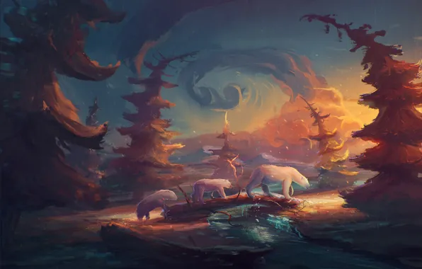 Картинка лес, облака, деревья, река, медведи, белые медведи