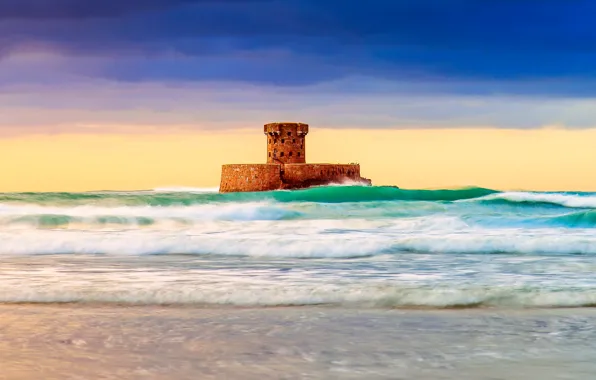 Море, волны, небо, замок, башня, форт
