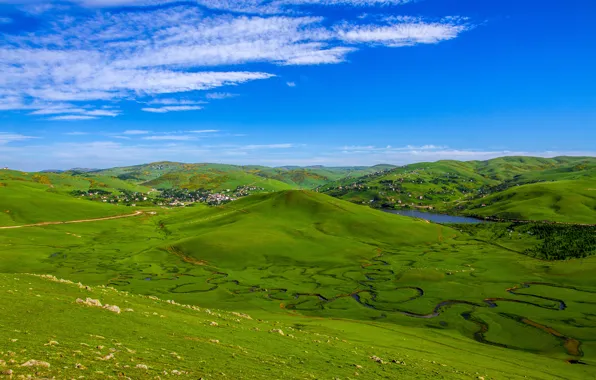 Green, sky, lake, plateau